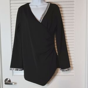 Black vneck shirt with silver glitter sequin collar long sleeve no size/brand